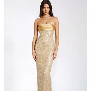 Miss Circle Lainey Gold Satin Sequin Pearls Beaded Maxi Dress
